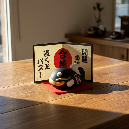 Figurine japonaise Yugen lab Namazu en forme de poisson-chat noir souriant avec un paravent décoratif sur une table