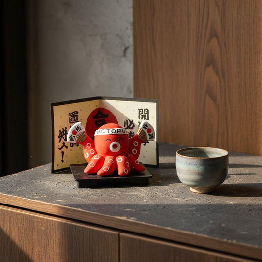 Figurine porte-bonheur poulpe rouge Yugen lab sur un socle noir avec un paravent japonais et une tasse en céramique