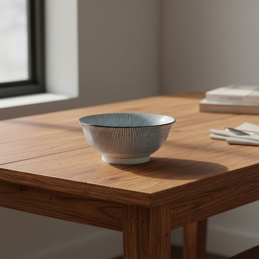 Grand bol en céramique japonaise Yugen lab avec motif de pointillés bleus tokusa posé sur une table en bois
