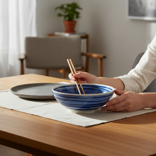 Grand bol japonais Yugen lab en porcelaine blanche avec des lignes bleues, utilisé pour un pokebowl sur une table