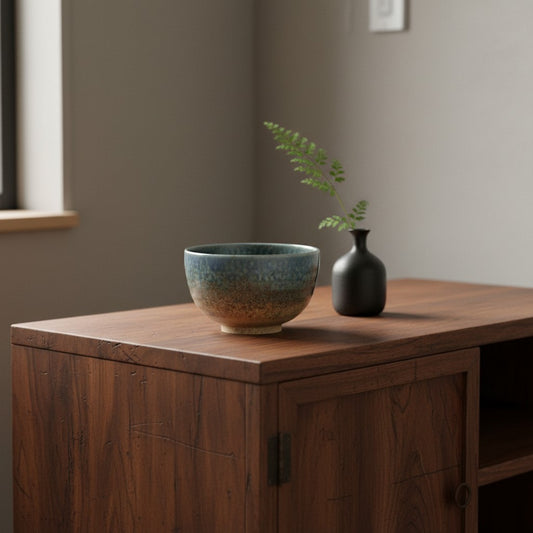 Grand bol japonais Yugen lab en céramique craquelée aux tons bleu et beige posé sur un meuble en bois