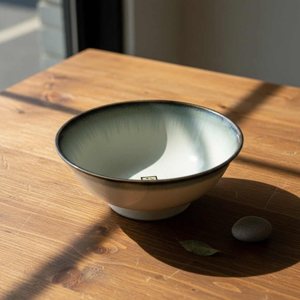 Grand bol japonais en céramique Yugen lab blanc et bleu avec bordure effet écume, posé sur une table en bois.