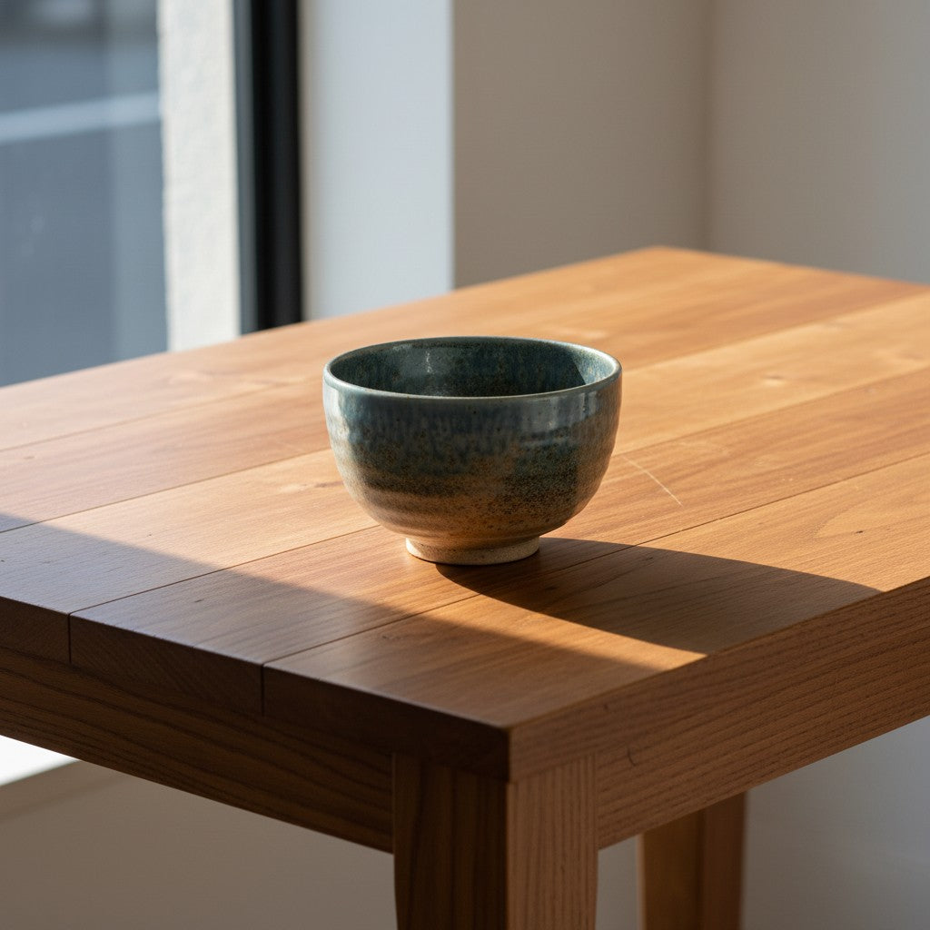Grand bol japonais Yugen lab en céramique craquelée aux tons bleus et verts posé sur une table en bois