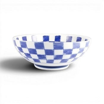 Grand bol Yugen lab en porcelaine japonaise avec motif damier bleu et blanc, forme arrondie et évasée