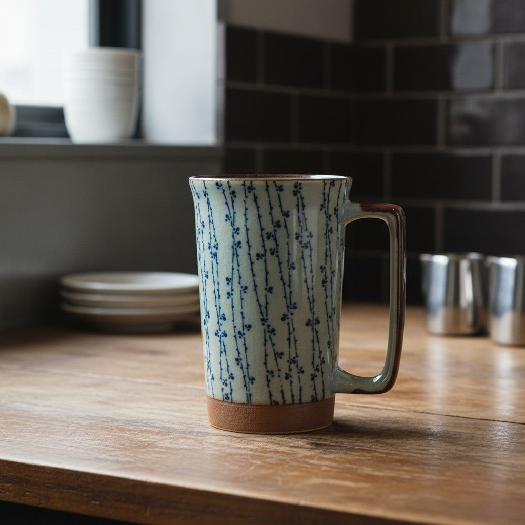Grand mug Yugen lab en céramique avec motif de fleurs grimpantes bleues sur fond craquelé, style japonais traditionnel