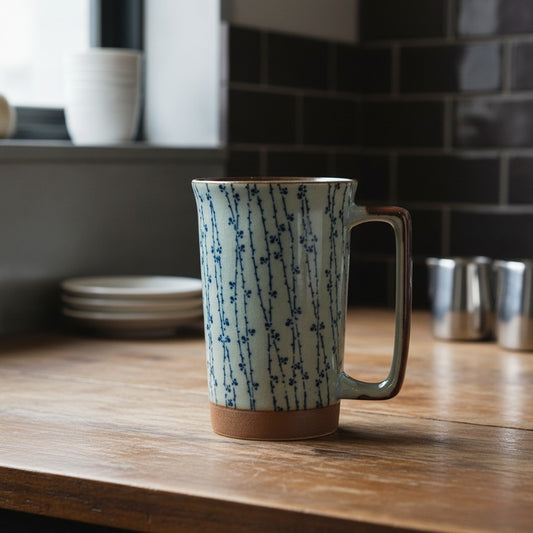 Grand mug Yugen lab en céramique avec motif de fleurs grimpantes bleues sur fond craquelé, style japonais traditionnel
