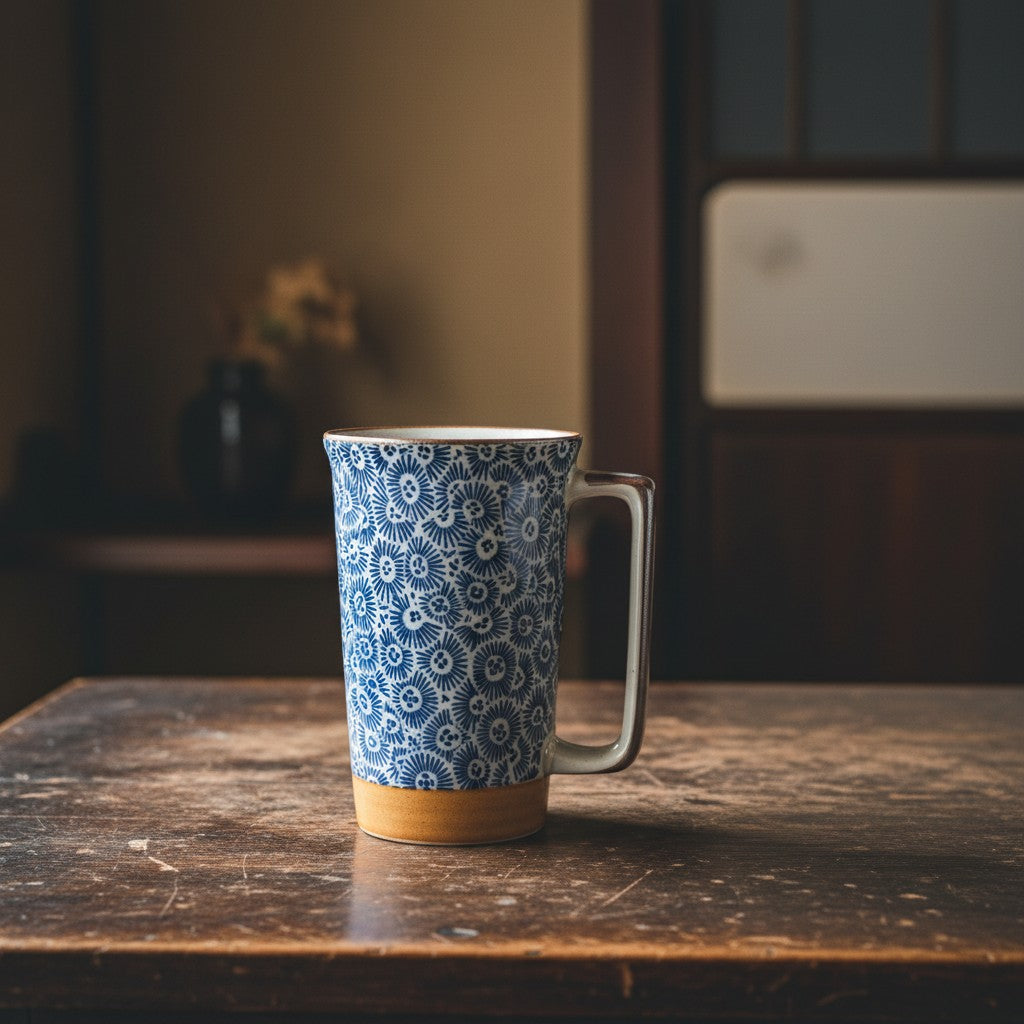 Grand mug Yugen lab en céramique bleue et blanche avec motif oursin traditionnel japonais posé sur une table en bois