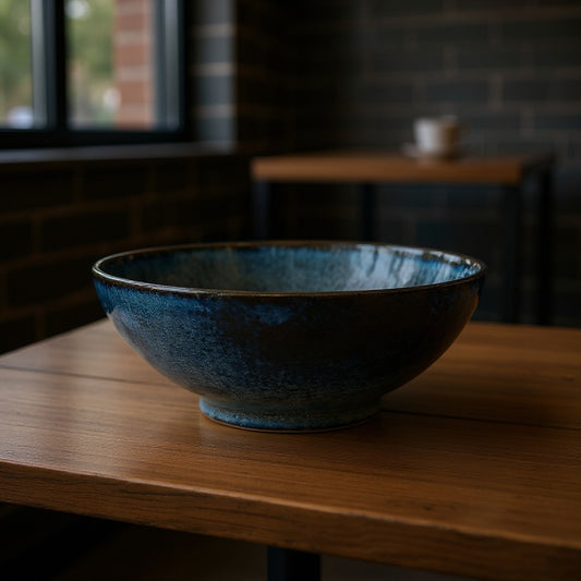 Grand saladier Yugen lab en céramique bleu nuit avec un effet dégradé rappelant l'océan posé sur une table en bois.