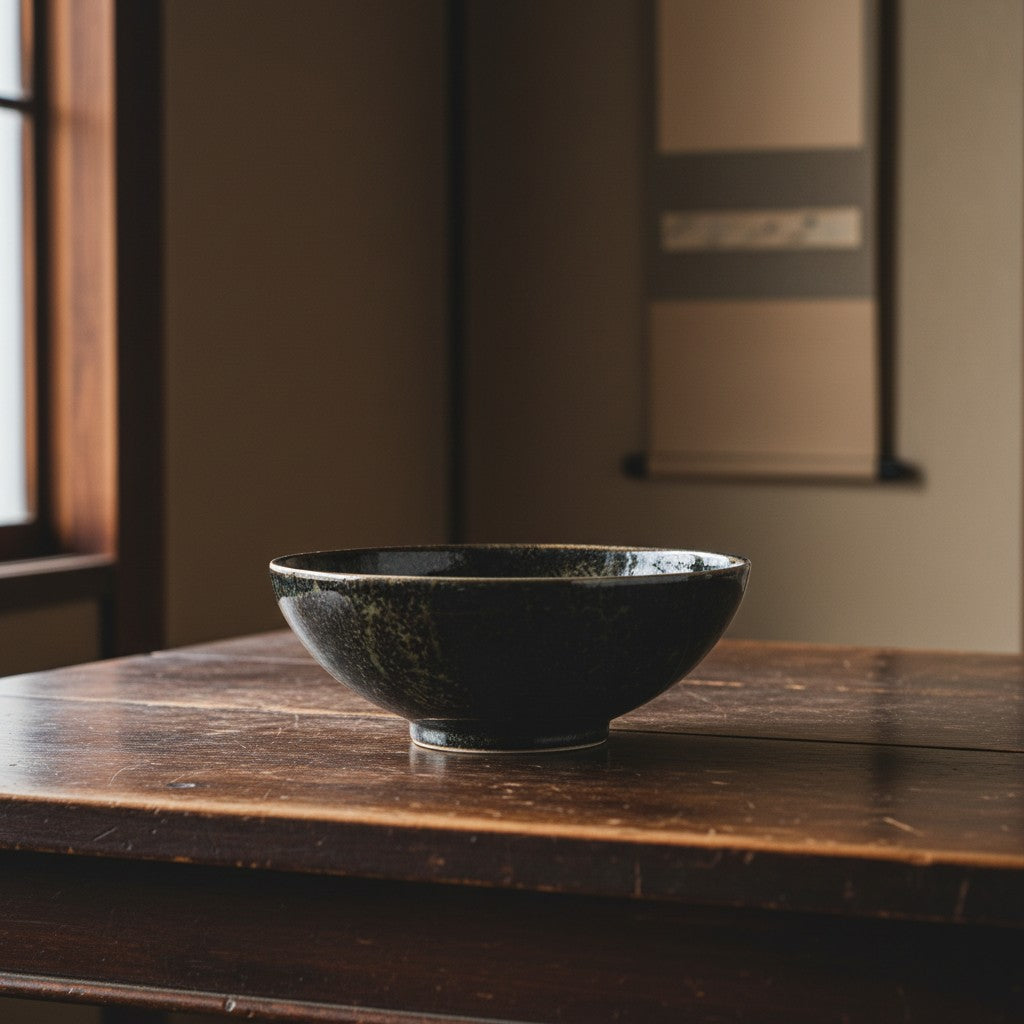 Grand saladier japonais Yugen lab en céramique sombre et brillante, posé sur une table en bois dans un intérieur zen.