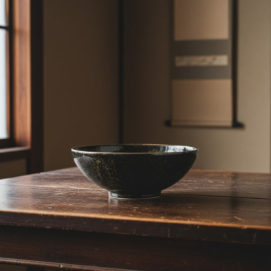 Grand saladier japonais Yugen lab en céramique sombre et brillante, posé sur une table en bois dans un intérieur zen.