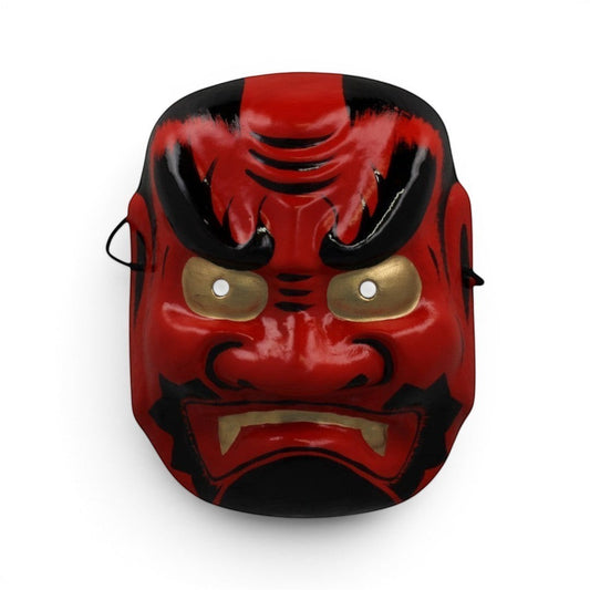 Masque japonais Tengu rouge et noir en papier cartonné rigide, accessoire décoratif traditionnel Yugen lab