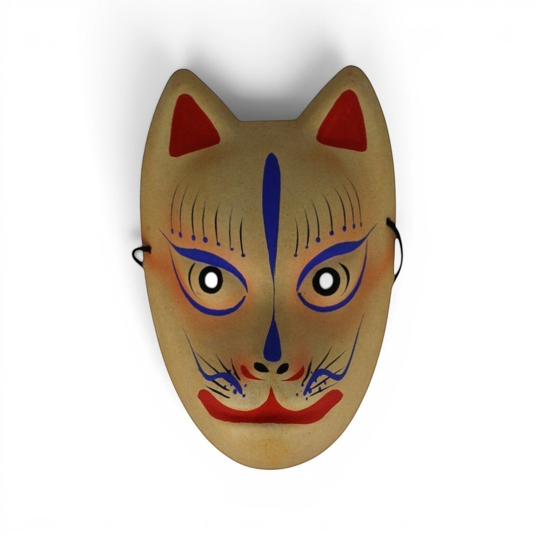 Masque japonais Kitsune beige en papier cartonné rigide avec motifs peints Yugen lab pour décoration ou fête