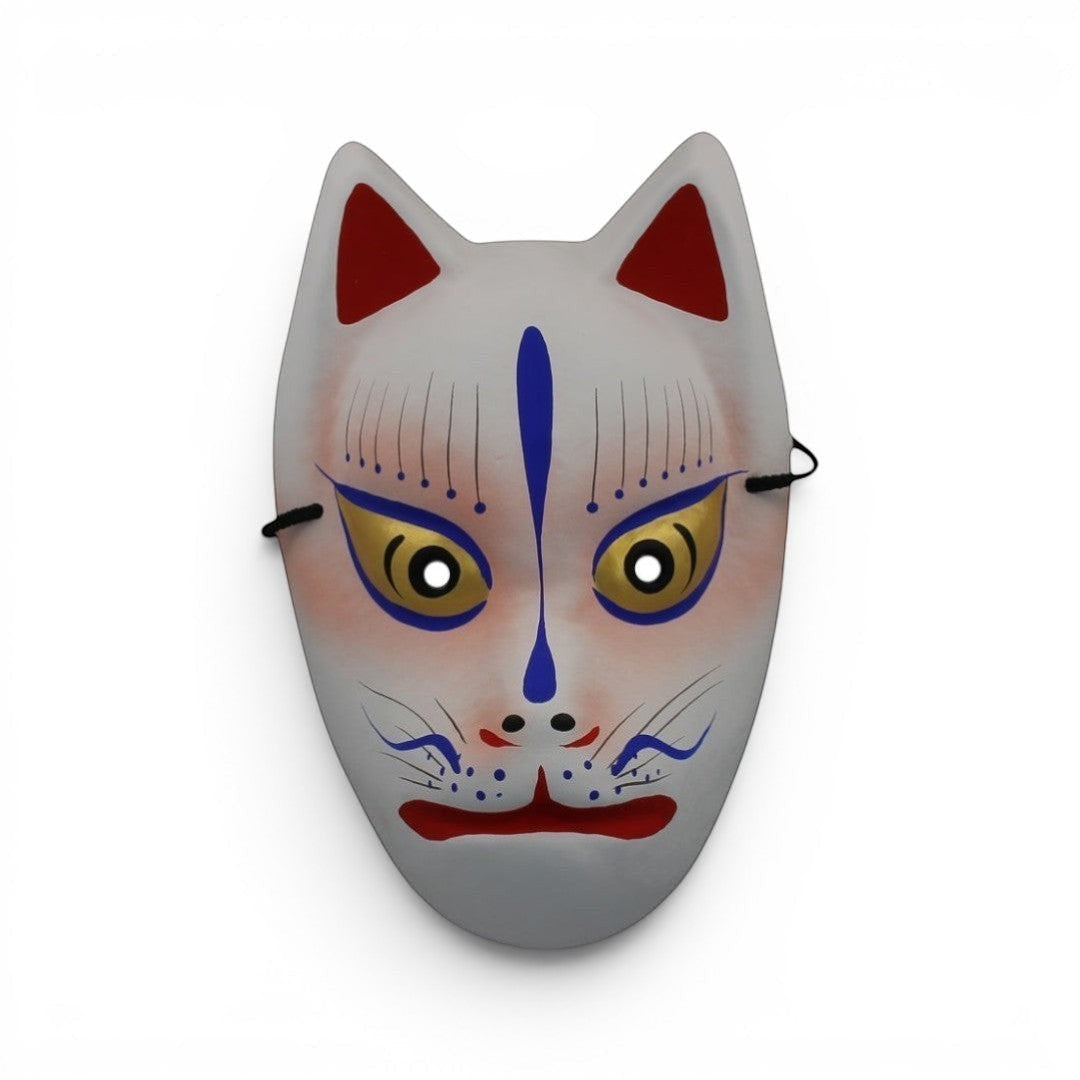 Masque japonais Kitsune blanc en papier cartonné rigide avec motifs peints traditionnels, vendu par Yugen lab