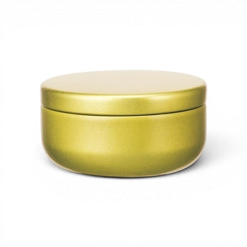 Mini boîte à thé Yugen lab en fer blanc doré, forme ronde et basse, finition métallique mate, capacité 40g.