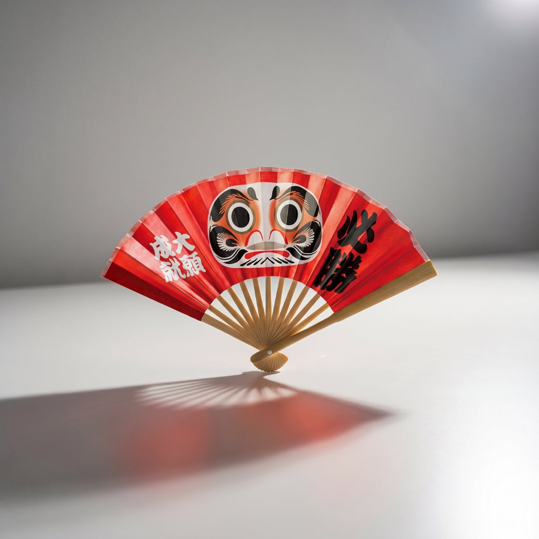 Mini éventail japonais Yugen lab rouge avec motif Daruma traditionnel, caractères calligraphiés et support inclus.