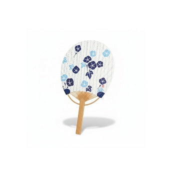 Mini éventail japonais Uchiwa Yugen lab en bambou et papier avec motif de fleurs bleues asagao sur fond blanc