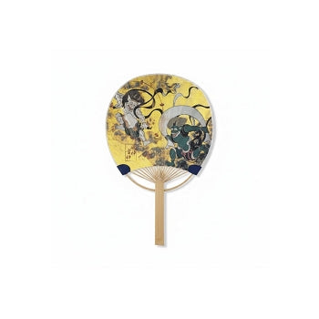 Mini éventail japonais Uchiwa Yugen lab jaune avec illustration traditionnelle de personnages sur fond jaune