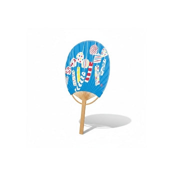 Mini éventail japonais uchiwa Yugen lab bleu avec motif de koinobori colorés et manche en bois