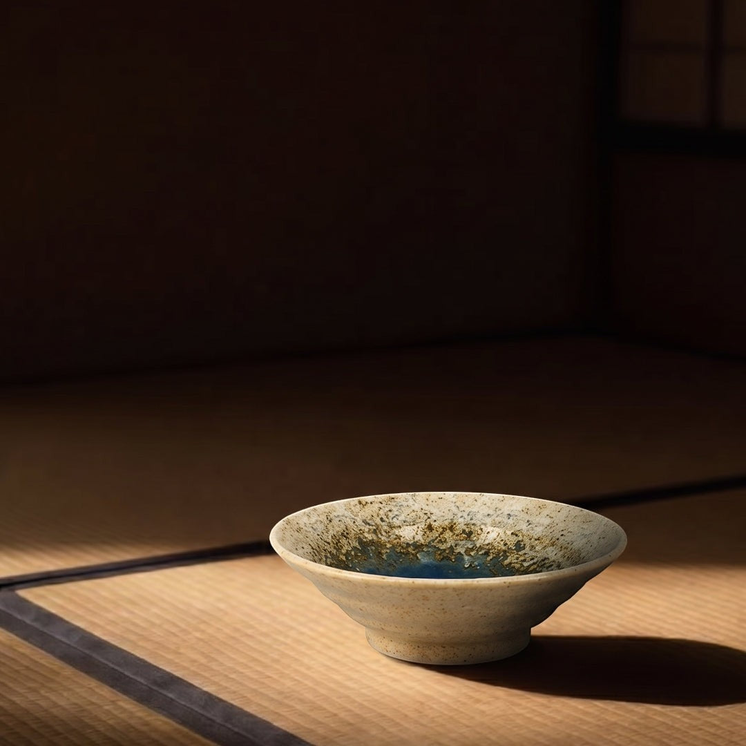 Mini soucoupe japonaise Yugen lab en céramique crème et bleue avec un décor abstrait moucheté sur un tatami