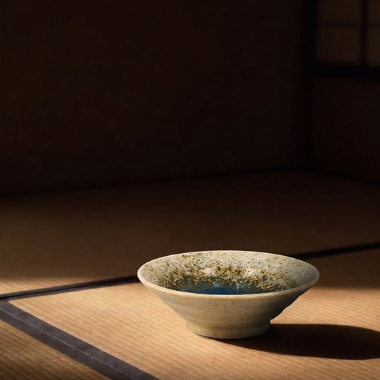 Mini soucoupe japonaise Yugen lab en céramique crème et bleue avec un décor abstrait moucheté sur un tatami