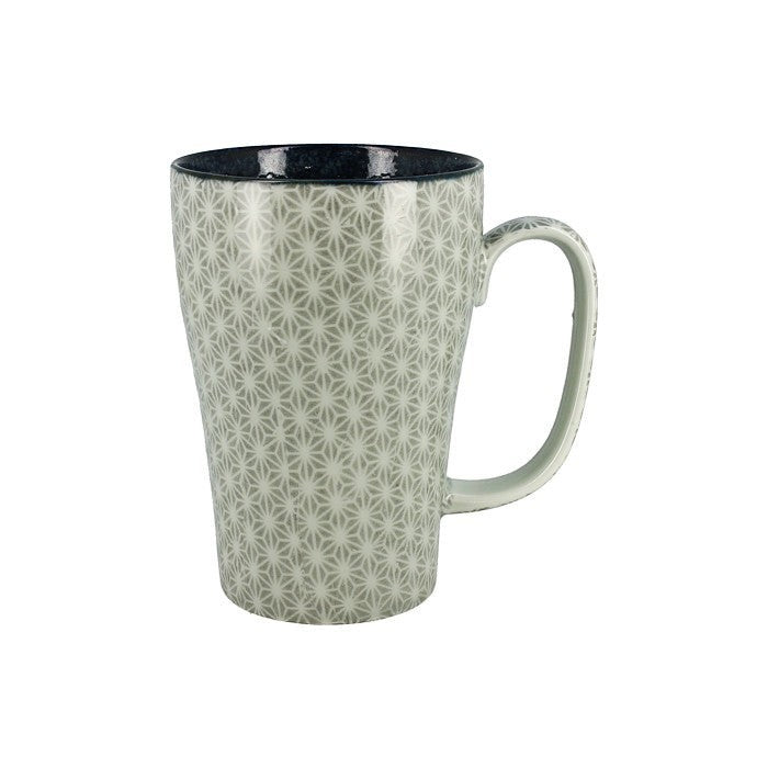 Grand mug en céramique Yugen lab gris et blanc avec motif traditionnel japonais asanoha et intérieur bleu foncé