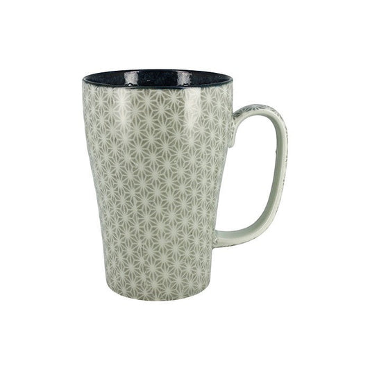 Grand mug en céramique Yugen lab gris et blanc avec motif traditionnel japonais asanoha et intérieur bleu foncé