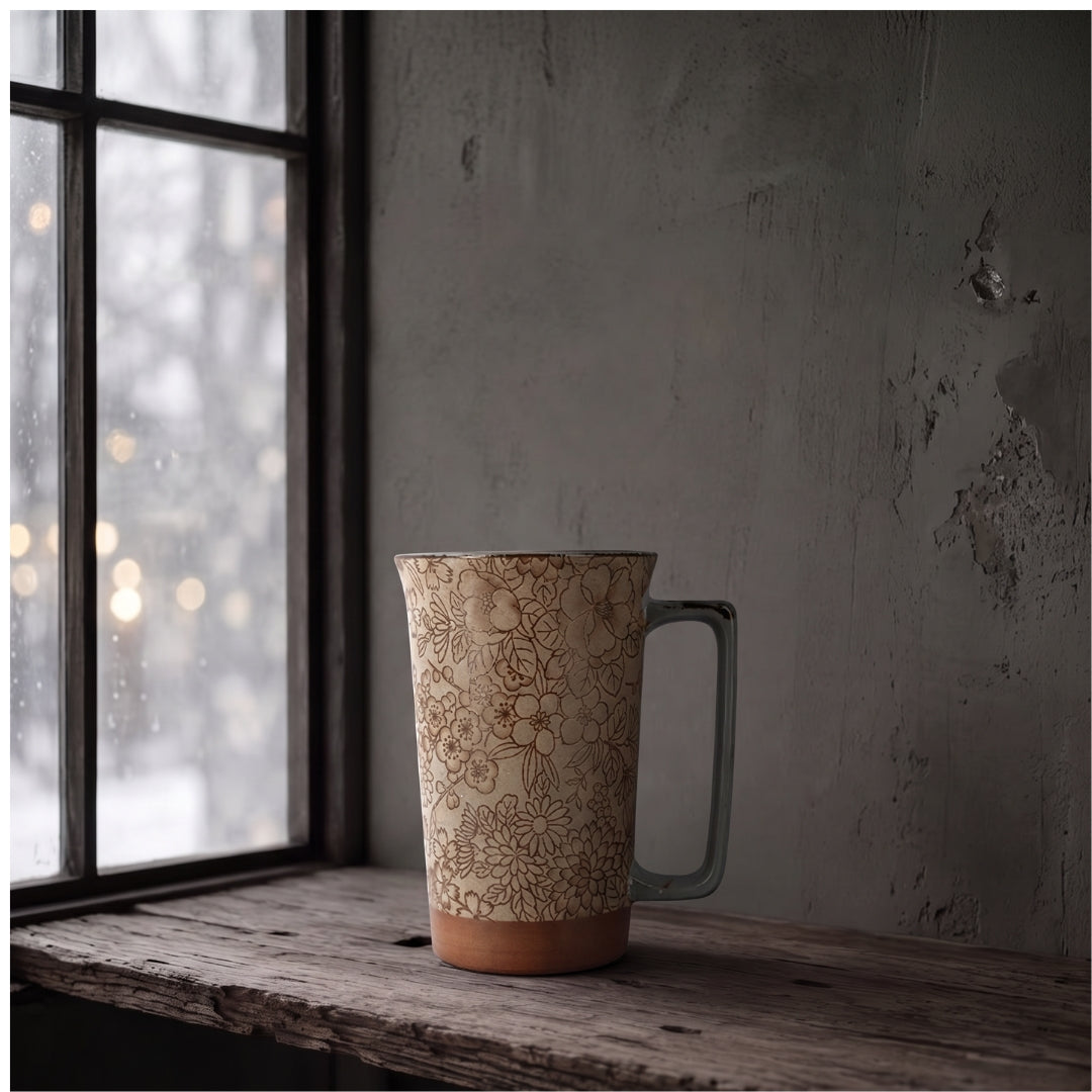 Mug Yugen lab en céramique japonaise beige et brun avec un motif floral rétro et une anse géométrique sur une fenêtre