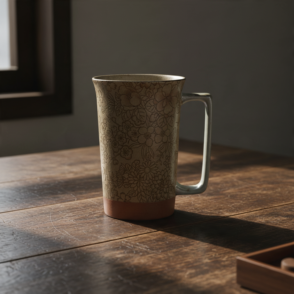 Mug Yugen lab en céramique japonaise beige et brun avec motif floral rétro et base en terre cuite sur table en bois