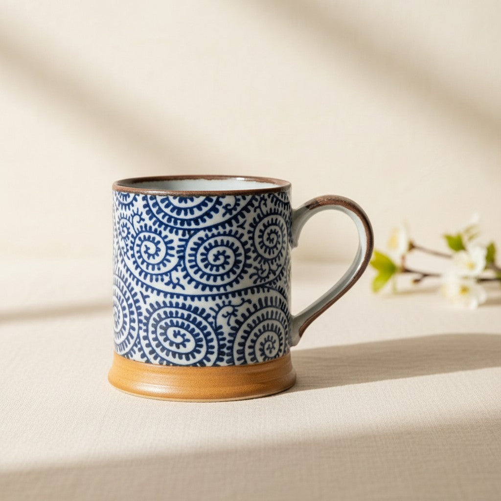 Mug Yugen lab en céramique avec motif bleu takokarakusa et base en grès naturel sur fond beige