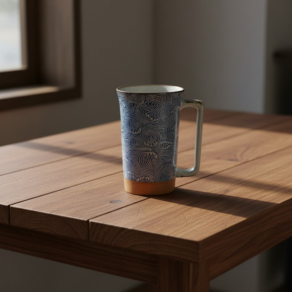Mug en grès Yugen lab bleu avec motif de vagues japonaises posé sur une table en bois dans une pièce lumineuse