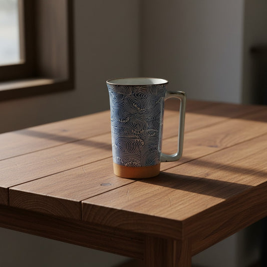 Mug en grès Yugen lab bleu avec motif de vagues japonaises posé sur une table en bois dans une pièce lumineuse