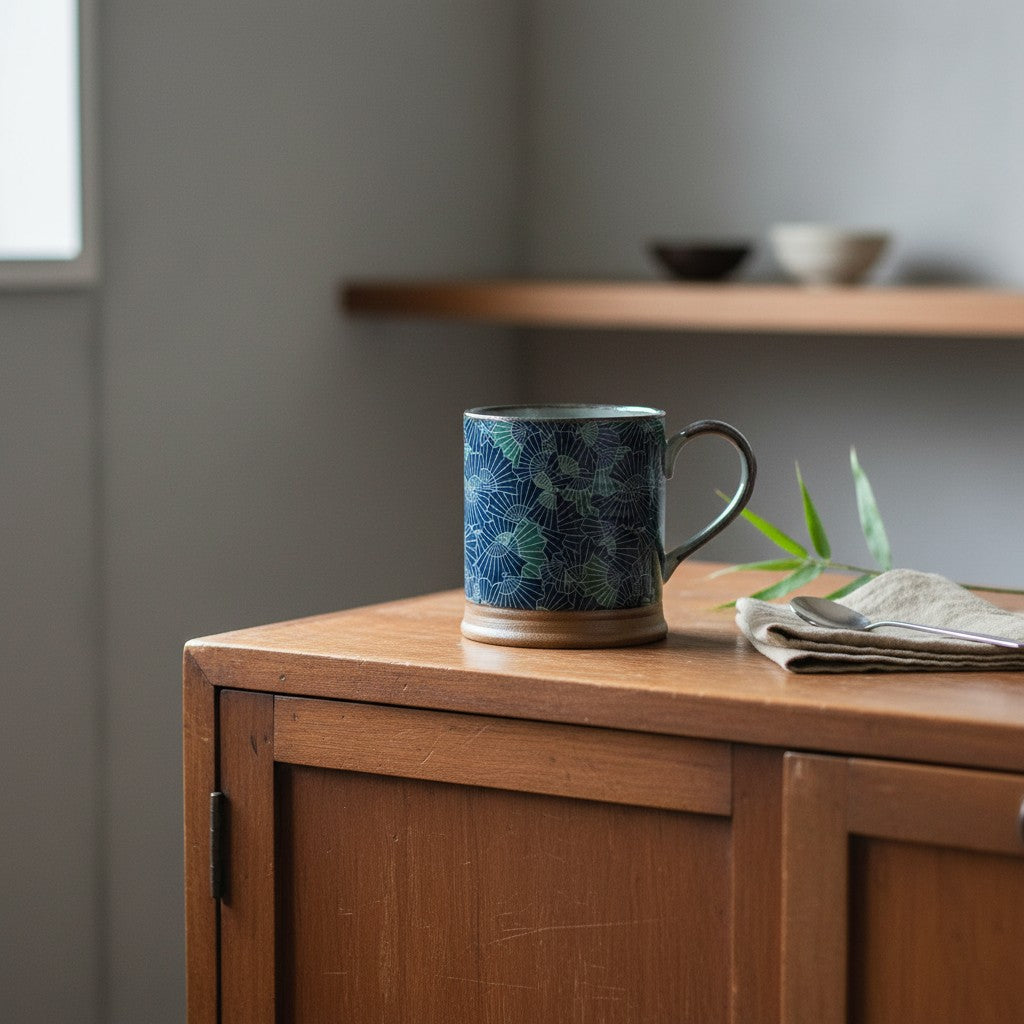 Mug Yugen lab en céramique bleu avec motif éventail traditionnel posé sur un meuble en bois