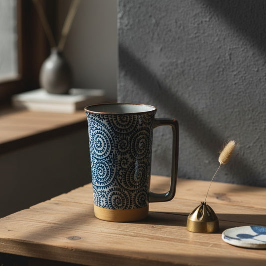 Mug japonais Yugen lab en grès bleu avec motif takokarakusa et anse couleur bronze sur une table en bois