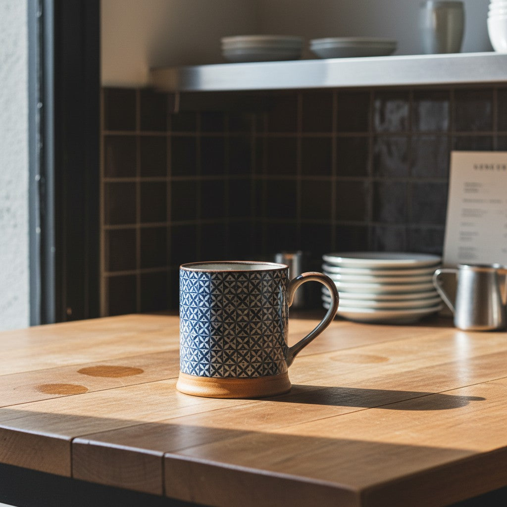 Mug japonais Yugen lab en céramique bleu et blanc avec motif géométrique diamant et base en grès sur table en bois