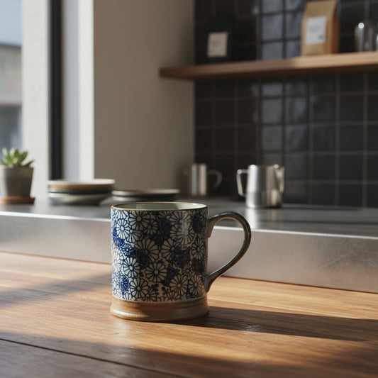 Mug japonais Yugen lab en céramique bleu et blanc avec motif floral de marguerites sur une table en bois