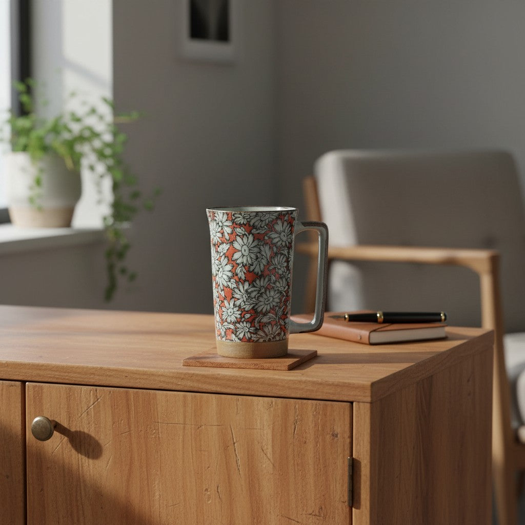 Grand mug Yugen lab en céramique rouge avec motif de marguerites blanches sur une table en bois