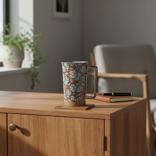 Grand mug Yugen lab en céramique rouge avec motif de marguerites blanches sur une table en bois