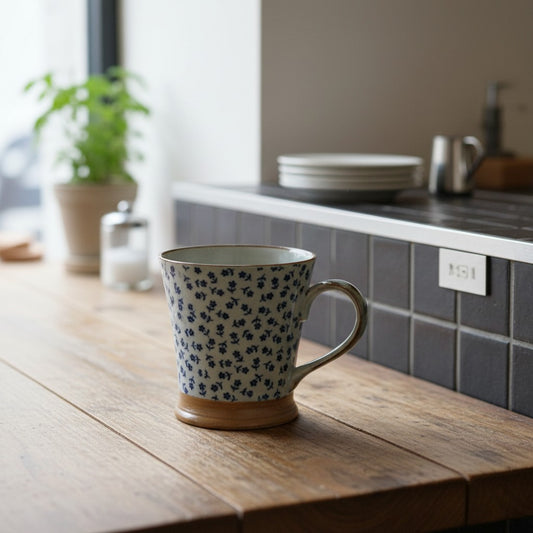Mug japonais Yugen lab en céramique avec motif de petites fleurs bleues posé sur une table en bois