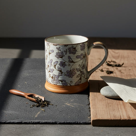 Mug japonais Yugen lab en céramique et grès orné de fleurs mauves sur fond clair avec une anse latérale