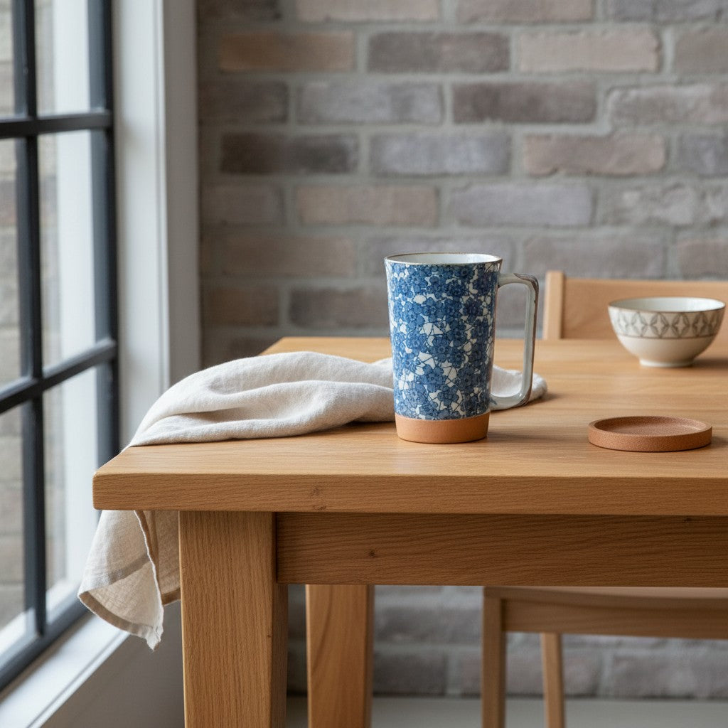 Mug japonais Yugen lab en céramique à motif floral bleu sur fond blanc avec base et anse ocre sur une table en bois