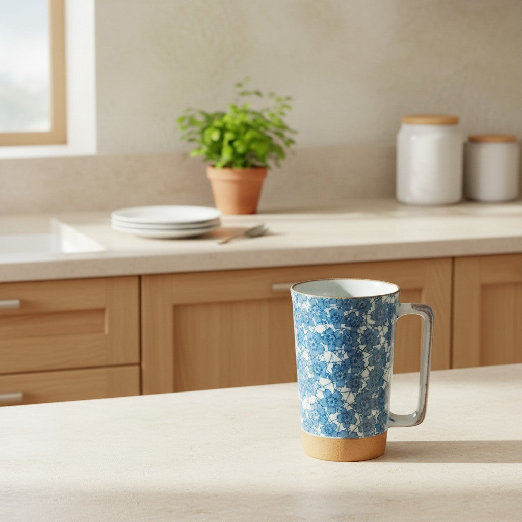 Grand mug japonais Yugen lab en céramique avec motifs de fleurs bleues sur fond blanc et détails ocre sur l'anse
