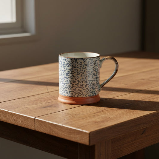 Mug japonais Yugen lab en céramique blanche et bleue avec motif de nuages et base en grès sur une table en bois