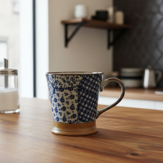 Mug Yugen lab en céramique japonaise avec motif patchwork bleu et blanc et base en grès marron clair sur table bois