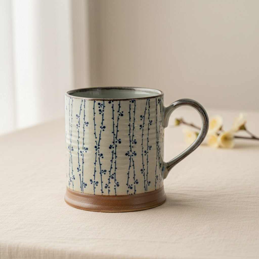 Mug Yugen lab en grès et céramique avec motif floral bleu de tiges grimpantes sur fond beige