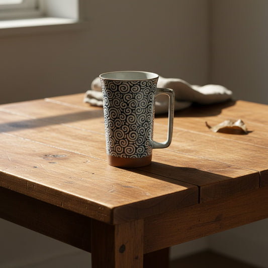 Jumbo mug Yugen lab en porcelaine avec motif de spirales bleu profond sur fond clair et base brun doré sur table bois