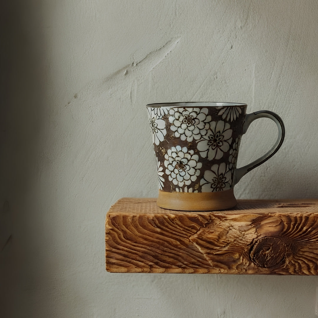 Mug S en porcelaine japonaise Yugen lab avec motifs de fleurs blanches sur fond marron posé sur une étagère en bois