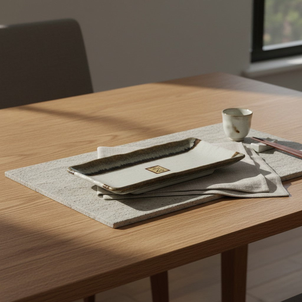 Plat japonais rectangulaire en porcelaine blanche Yugen lab avec motif rhinocéros et bords bruns sur table en bois