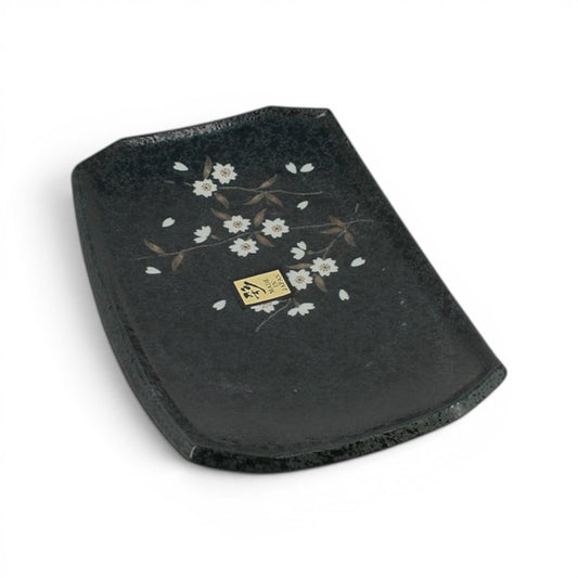 Plat rectangulaire Yugen lab en céramique noire avec motif floral sakura blanc pour service de table japonais