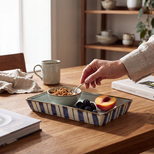 Plat rectangulaire Yugen lab en porcelaine blanche et bleue à rayures, posé sur une table en bois avec des fruits.