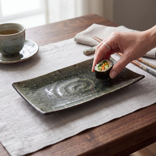 Plat rectangulaire Yugen lab en céramique verte effet eau, posé sur une table en bois avec une main tenant un maki.